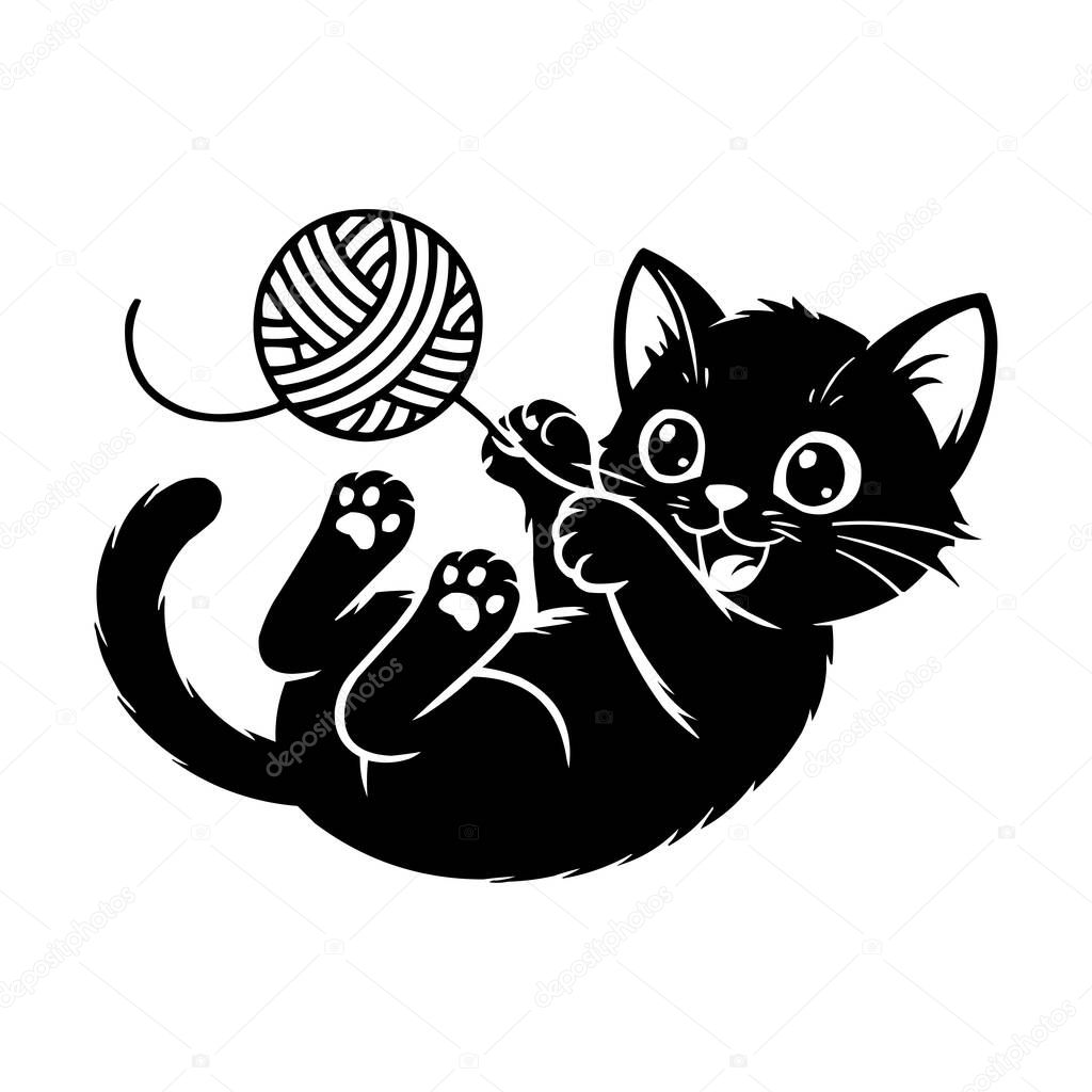 Playful Kitten with Yarn Ball Silhouette Vector Illustration