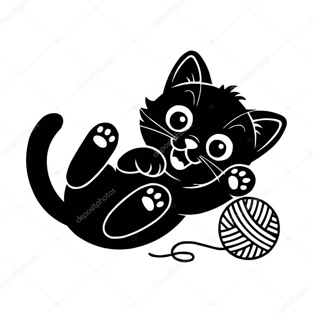 Playful Kitten with Yarn Ball Silhouette Vector Illustration
