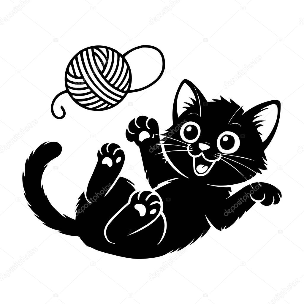 Playful Kitten with Yarn Ball Silhouette Vector Illustration
