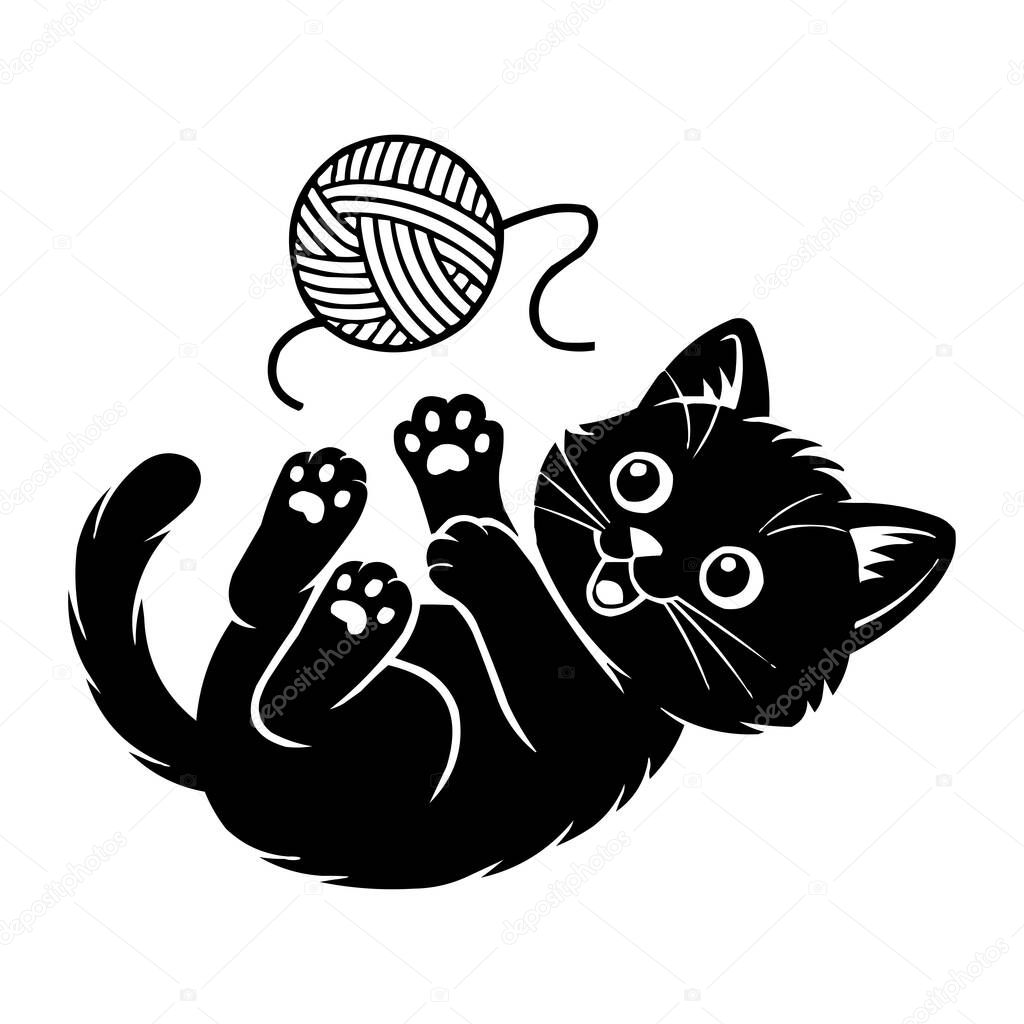 Playful Kitten with Yarn Ball Silhouette Vector Illustration