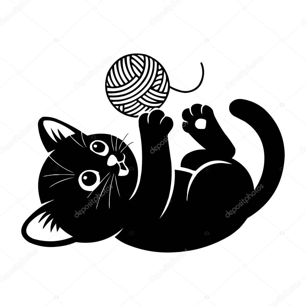 Playful Kitten with Yarn Ball Silhouette Vector Illustration