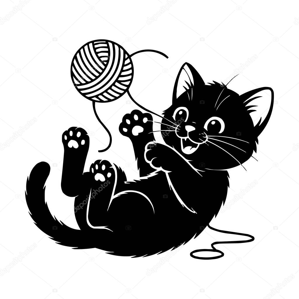 Playful Kitten with Yarn Ball Silhouette Vector Illustration