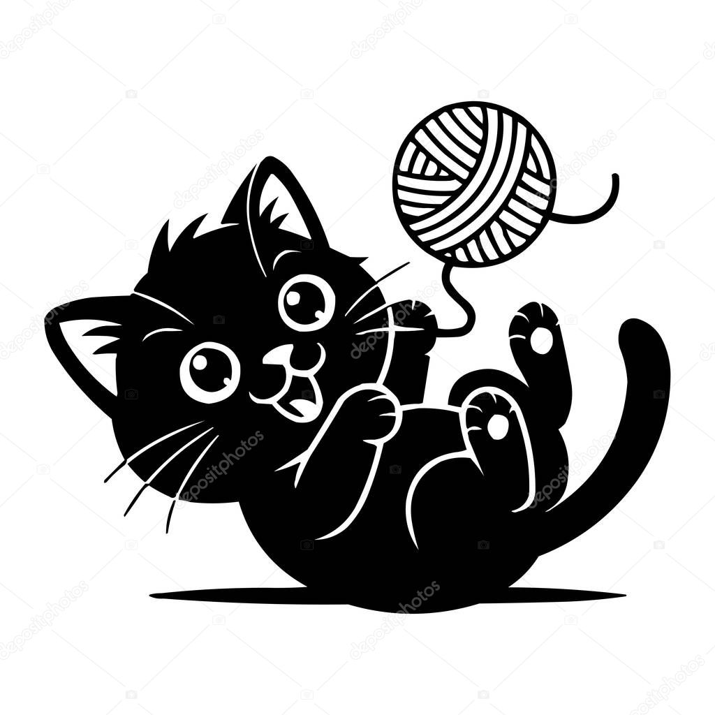 Playful Kitten with Yarn Ball Silhouette Vector Illustration