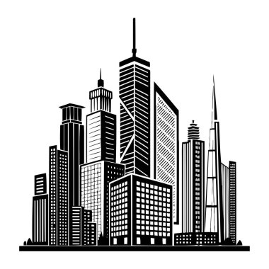 Modern Şehir Skyline Vektör İllüstrasyonu: 124; Siyah ve Beyaz Gökdelen Silueti