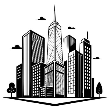 Modern Şehir Skyline Vektör İllüstrasyonu: 124; Siyah ve Beyaz Gökdelen Silueti