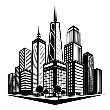 Modern Şehir Skyline Vektör İllüstrasyonu: 124; Siyah ve Beyaz Gökdelen Silueti