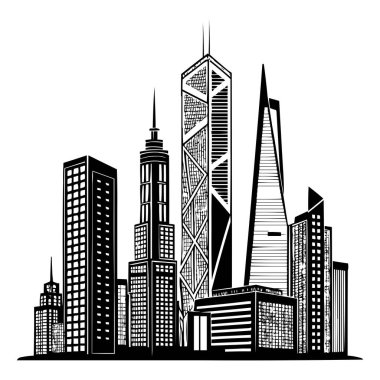 Modern Şehir Skyline Vektör İllüstrasyonu: 124; Siyah ve Beyaz Gökdelen Silueti