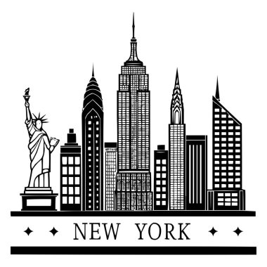 New York City Skyline Silueti Özgürlük Heykeli ve Ünlü Gökdelenler Vektör İllüzyonu