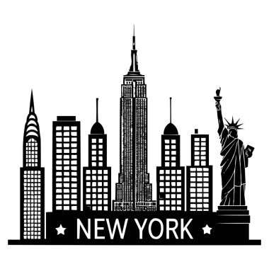 New York City Skyline Silueti Özgürlük Heykeli ve Ünlü Gökdelenler Vektör İllüzyonu