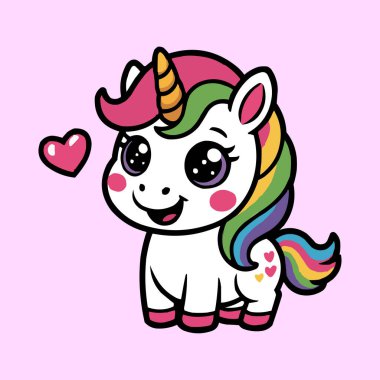 Sevimli Gökkuşağı Tekboynuz Vektör Yürekli İllüstrasyon