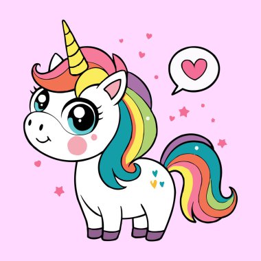 Sevimli Gökkuşağı Tekboynuz Vektör Yürekli İllüstrasyon