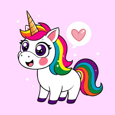 Sevimli Gökkuşağı Tekboynuz Vektör Yürekli İllüstrasyon