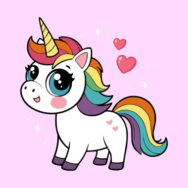 Sevimli Gökkuşağı Tekboynuz Vektör Yürekli İllüstrasyon