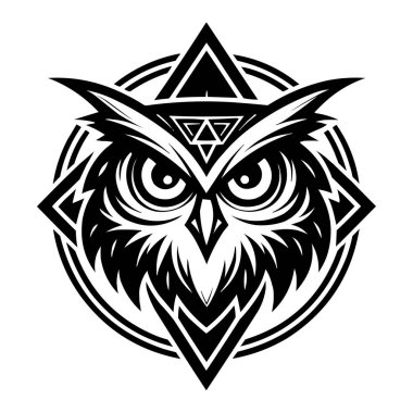 Siyah ve Beyaz Geometrik Vektör Tasarımı Biçimli Baykuş Surat Logosu