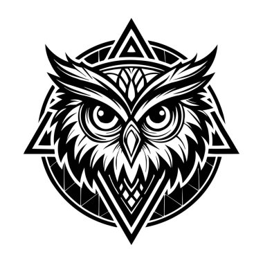 Siyah ve Beyaz Geometrik Vektör Tasarımı Biçimli Baykuş Surat Logosu