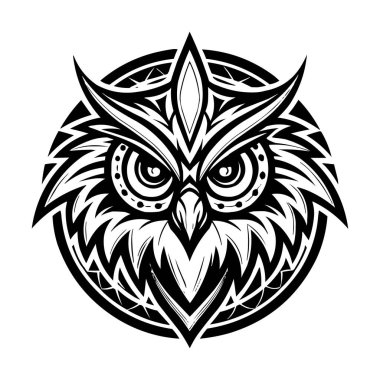 Siyah ve Beyaz Geometrik Vektör Tasarımı Biçimli Baykuş Surat Logosu