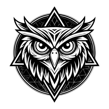 Siyah ve Beyaz Geometrik Vektör Tasarımı Biçimli Baykuş Surat Logosu