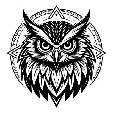 Siyah ve Beyaz Geometrik Vektör Tasarımı Biçimli Baykuş Surat Logosu