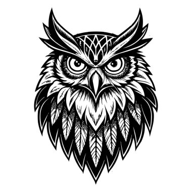 Siyah ve Beyaz Geometrik Vektör Tasarımı Biçimli Baykuş Surat Logosu