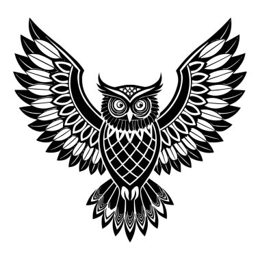 Geniş Kanatlı Kabile Baykuşu Siyah ve Beyaz Geometrik Vektör İllüstrasyonu
