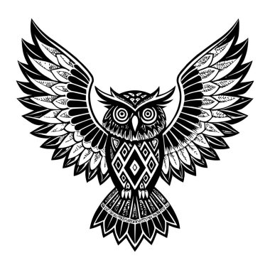 Geniş Kanatlı Kabile Baykuşu Siyah ve Beyaz Geometrik Vektör İllüstrasyonu