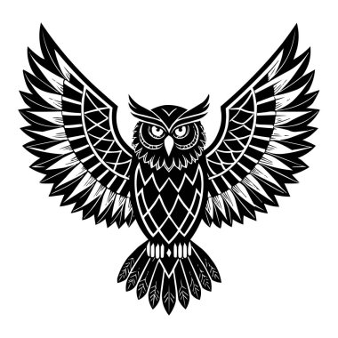 Geniş Kanatlı Kabile Baykuşu Siyah ve Beyaz Geometrik Vektör İllüstrasyonu