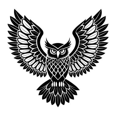 Geniş Kanatlı Kabile Baykuşu Siyah ve Beyaz Geometrik Vektör İllüstrasyonu