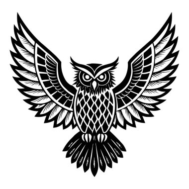 Geniş Kanatlı Kabile Baykuşu Siyah ve Beyaz Geometrik Vektör İllüstrasyonu