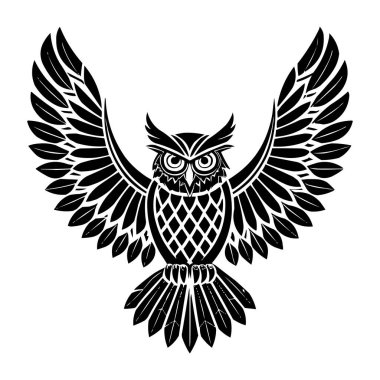 Geniş Kanatlı Kabile Baykuşu Siyah ve Beyaz Geometrik Vektör İllüstrasyonu
