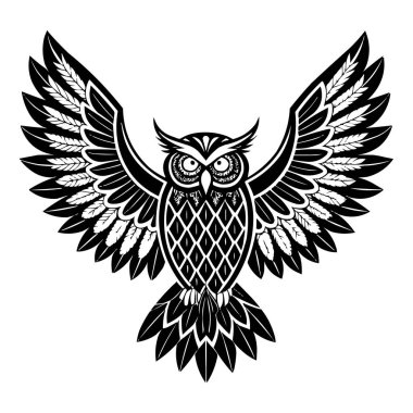 Geniş Kanatlı Kabile Baykuşu Siyah ve Beyaz Geometrik Vektör İllüstrasyonu