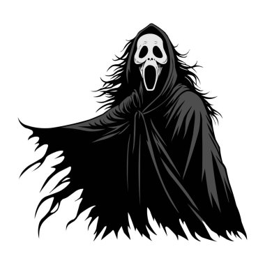 Siyah Pelerin Vektör Çizimi 'ndeki Korkunç Hayalet Yüzlü Korku Karakteri. Korkunç korku filmi karakteri siyah bir pelerin giyiyor ve çığlık atan yüz maskesi takıyor. Ürkütücü ve korkutucu Cadılar Bayramı illüstrasyonu posterler için mükemmel.