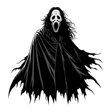 Siyah Pelerin Vektör Çizimi 'ndeki Korkunç Hayalet Yüzlü Korku Karakteri. Korkunç korku filmi karakteri siyah bir pelerin giyiyor ve çığlık atan yüz maskesi takıyor. Ürkütücü ve korkutucu Cadılar Bayramı illüstrasyonu posterler için mükemmel.