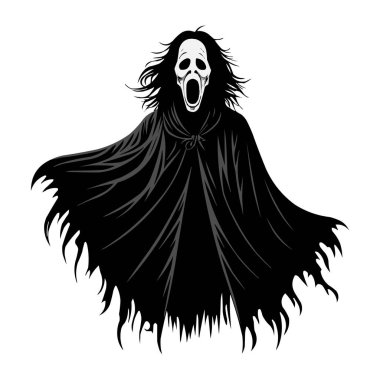 Siyah Pelerin Vektör Çizimi 'ndeki Korkunç Hayalet Yüzlü Korku Karakteri. Korkunç korku filmi karakteri siyah bir pelerin giyiyor ve çığlık atan yüz maskesi takıyor. Ürkütücü ve korkutucu Cadılar Bayramı illüstrasyonu posterler için mükemmel.