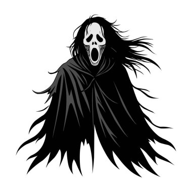 Siyah Pelerin Vektör Çizimi 'ndeki Korkunç Hayalet Yüzlü Korku Karakteri. Korkunç korku filmi karakteri siyah bir pelerin giyiyor ve çığlık atan yüz maskesi takıyor. Ürkütücü ve korkutucu Cadılar Bayramı illüstrasyonu posterler için mükemmel.