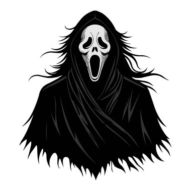 Siyah Pelerin Vektör Çizimi 'ndeki Korkunç Hayalet Yüzlü Korku Karakteri. Korkunç korku filmi karakteri siyah bir pelerin giyiyor ve çığlık atan yüz maskesi takıyor. Ürkütücü ve korkutucu Cadılar Bayramı illüstrasyonu posterler için mükemmel.