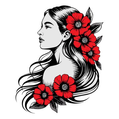Akan Saçlı Zarif Kadın Portresi ve Kırmızı Çiçekler Vektör İllüstrasyonu Profilinde, canlı kırmızı çiçekler ve yapraklarla süslenmiş uzun dalgalı saçlı bir kadının güzel sanatsal vektör çizimi. Moda için mükemmel kadınsı tasarım.