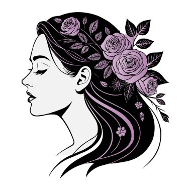 Floral Hair Vector Illustration ile zarif kadın silueti. Güller ve yapraklarla süslenmiş dalgalı siyah saçlı bir kadının güzel vektör çizimi. Siyah ve mor tonlarda şık kadınsı sanat eserleri