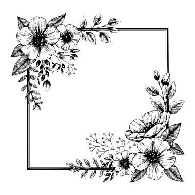 Klasik Çiçekler ve Yapraklarla Zarif El Çizimi Çiçek Çerçeve Sınırı