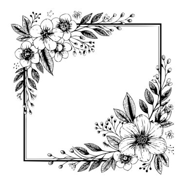 Klasik Çiçekler ve Yapraklarla Zarif El Çizimi Çiçek Çerçeve Sınırı
