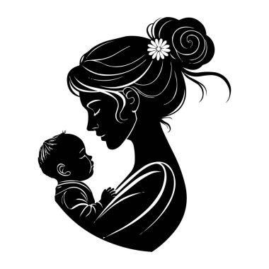 Anne ve bebek silueti çizimi. Yeni doğmuş bebeğini kucağında tutan bir annenin dokunaklı ve duygusal bir resmi. Bu vektör tasarımı annelik sevgisinin ve şefkatin özünü yakalar.