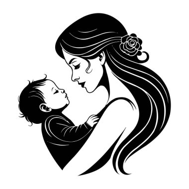 Anne ve bebek silueti çizimi. Yeni doğmuş bebeğini kucağında tutan bir annenin dokunaklı ve duygusal bir resmi. Bu vektör tasarımı annelik sevgisinin ve şefkatin özünü yakalar.