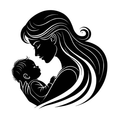 Anne ve bebek silueti çizimi. Yeni doğmuş bebeğini kucağında tutan bir annenin dokunaklı ve duygusal bir resmi. Bu vektör tasarımı annelik sevgisinin ve şefkatin özünü yakalar.