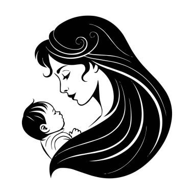 Anne ve bebek silueti çizimi. Yeni doğmuş bebeğini kucağında tutan bir annenin dokunaklı ve duygusal bir resmi. Bu vektör tasarımı annelik sevgisinin ve şefkatin özünü yakalar.