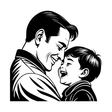 Baba ve Oğul Neşeli Anlar İllüstrasyonu. Bu iç açıcı siyah-beyaz çizim, mutlu ve sevgi dolu bir anı paylaşan bir baba ve oğlu tasvir ediyor.