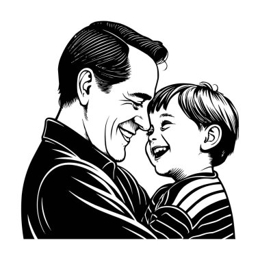 Baba ve Oğul Neşeli Anlar İllüstrasyonu. Bu iç açıcı siyah-beyaz çizim, mutlu ve sevgi dolu bir anı paylaşan bir baba ve oğlu tasvir ediyor.