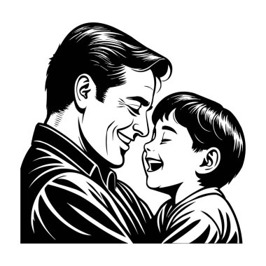 Baba ve Oğul Neşeli Anlar İllüstrasyonu. Bu iç açıcı siyah-beyaz çizim, mutlu ve sevgi dolu bir anı paylaşan bir baba ve oğlu tasvir ediyor.