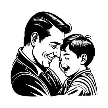 Baba ve Oğul Neşeli Anlar İllüstrasyonu. Bu iç açıcı siyah-beyaz çizim, mutlu ve sevgi dolu bir anı paylaşan bir baba ve oğlu tasvir ediyor.