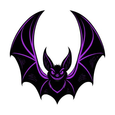 Mor Yarasa Çizimi. Çarpıcı ve cesur bir çizim. Canlı mor kanatları ve sert bir ifadesi olan bir yarasa. Bu grafik Cadılar Bayramı için mükemmel.
