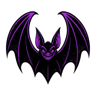 Mor Yarasa Çizimi. Çarpıcı ve cesur bir çizim. Canlı mor kanatları ve sert bir ifadesi olan bir yarasa. Bu grafik Cadılar Bayramı için mükemmel.