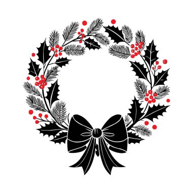 Yay ve Kırmızı Böğürtlen Vektör İllüstrasyonlu Noel Çelengi